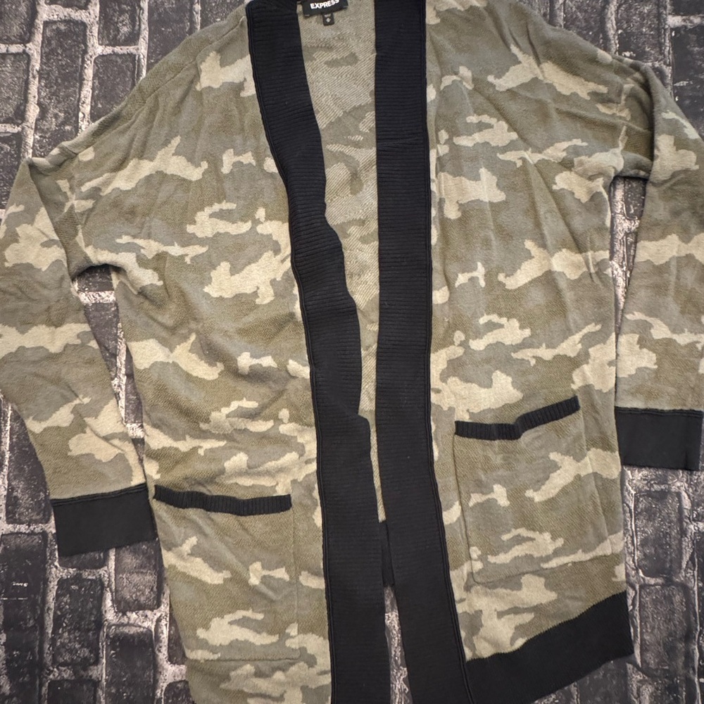 Express Green Camo Cardigan with Black Trim